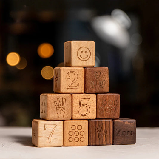 10 piece wooden blocks with symbols and numbers engraved