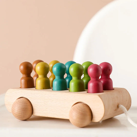 Rainbow Riders Trolley 10 coloured wooden pegs in a car 