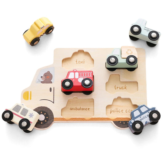 Wooden Puzzle Toy with vehicles including taxi, truck, ambulance, police car.