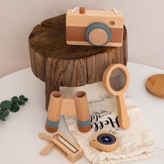 Wooden outdoor kit with binoculars and camera