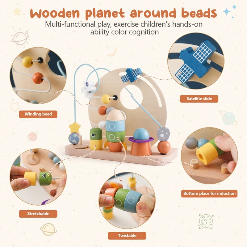 wooden children space toy with beads