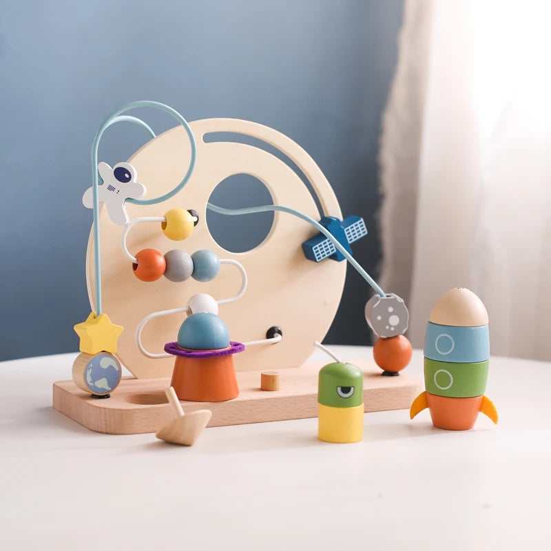 Wooden aviation toy on white table