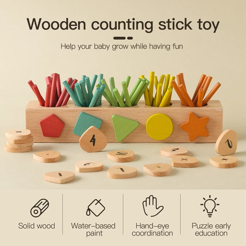 Poster explaining about the counting wooden toy: It is solid wood, water based paint, hand-eye coordination and puzzle learning