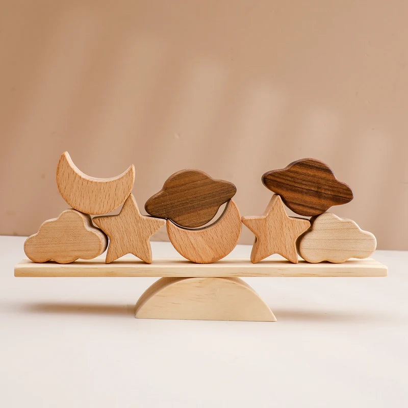 balance board wooden toy game with wooden stars and clouds