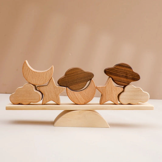 balance board wooden toy game with wooden stars and clouds