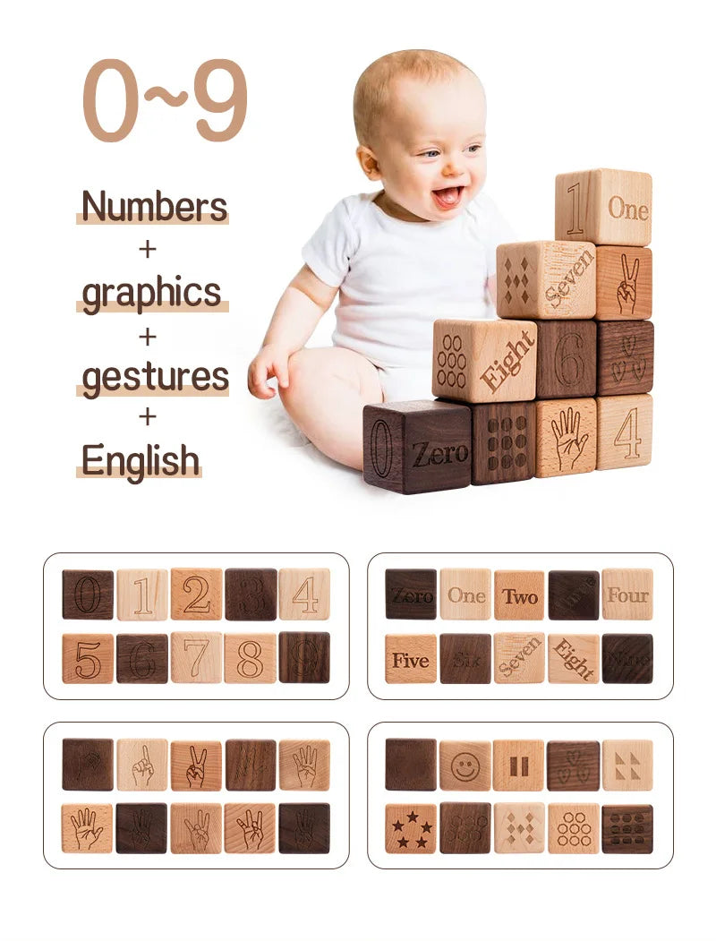 blocks with numbers, words and gestures, showing baby playing with blocks.
