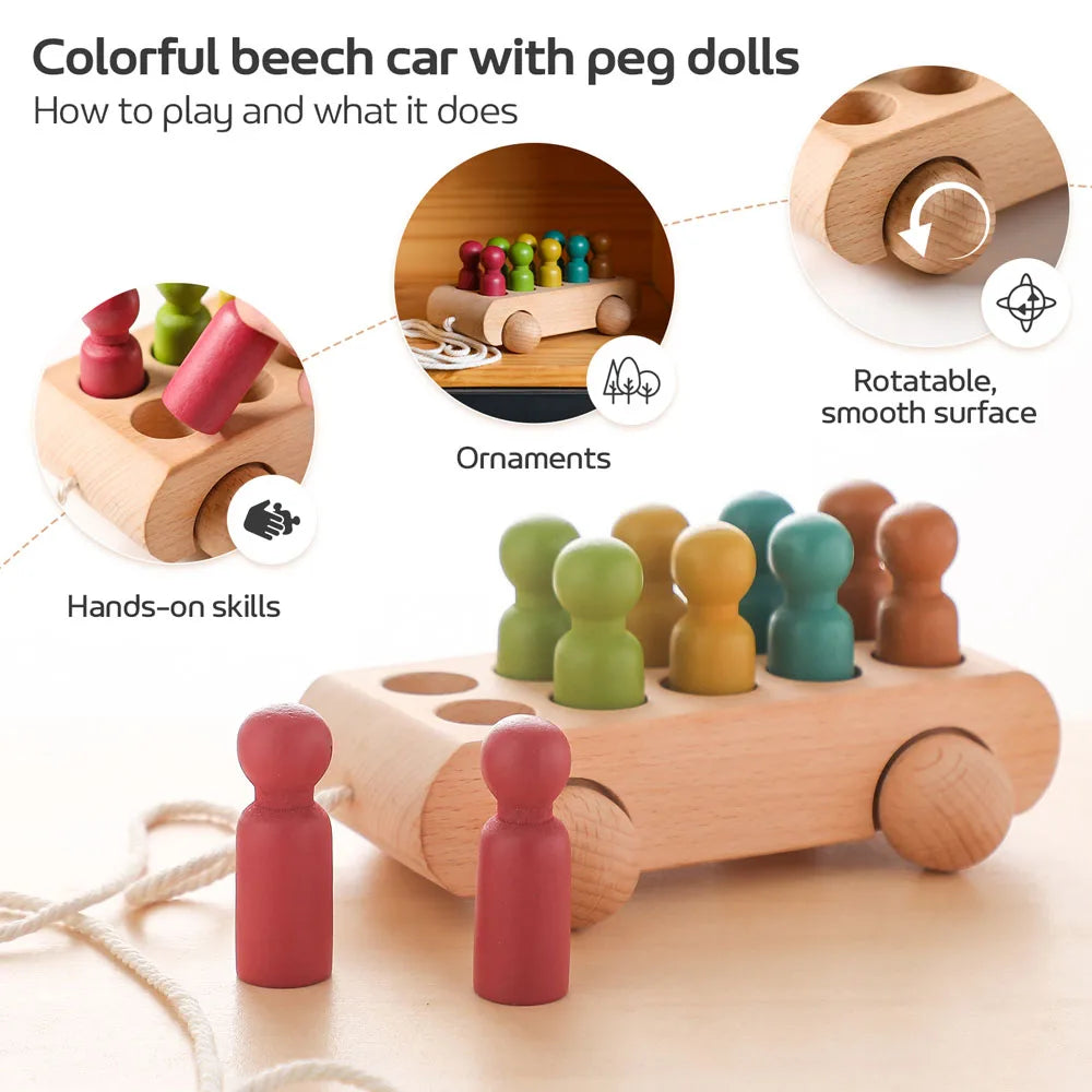 peg dolls Rainbow Riders Trolley 10 coloured wooden pegs dolls in a car 