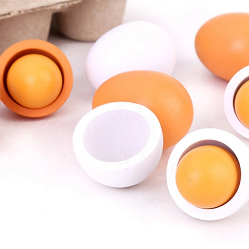close up showing the wooden yolks in the pretend wooden egg montessori toy