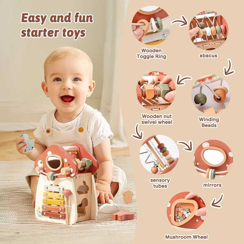 little boy playing with mushroom cube and small images displaying function of toy 