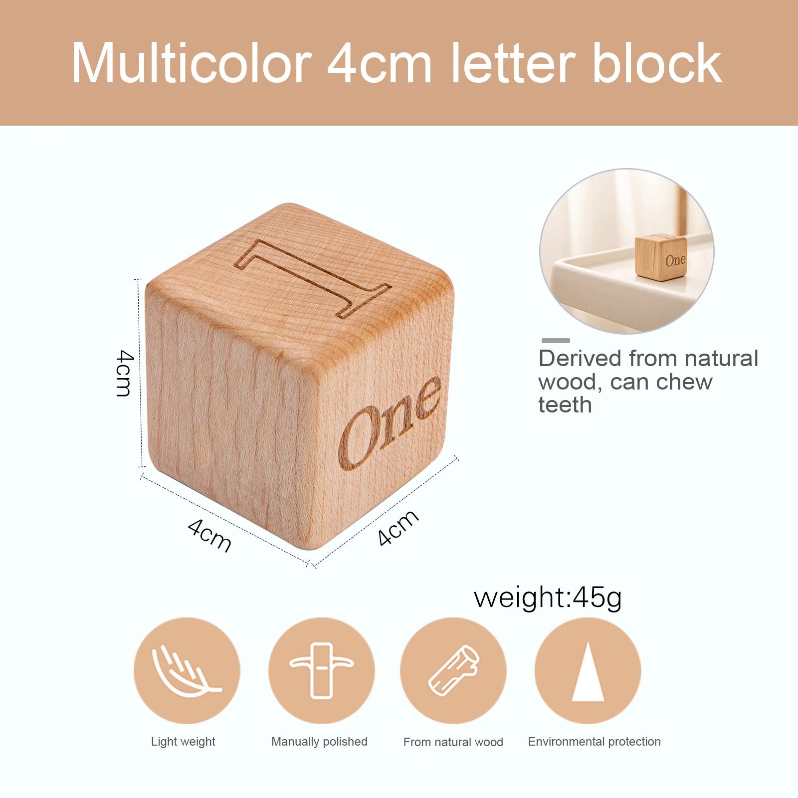 Wooden Block showing size and weight of toy.