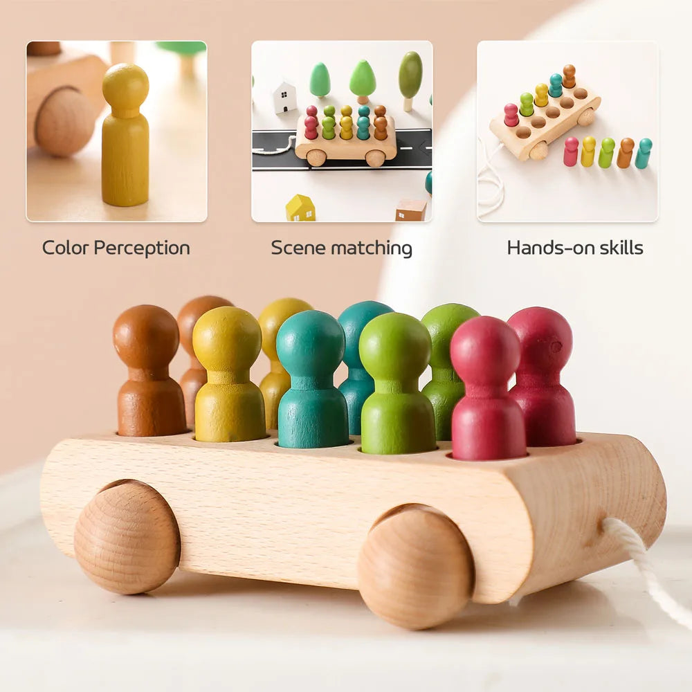 Rainbow Riders Trolley 10 coloured wooden pegs in a car for hands on skills 