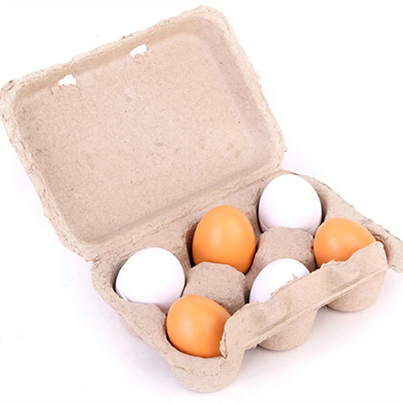 Wooden 6 piece egg toy in an egg box