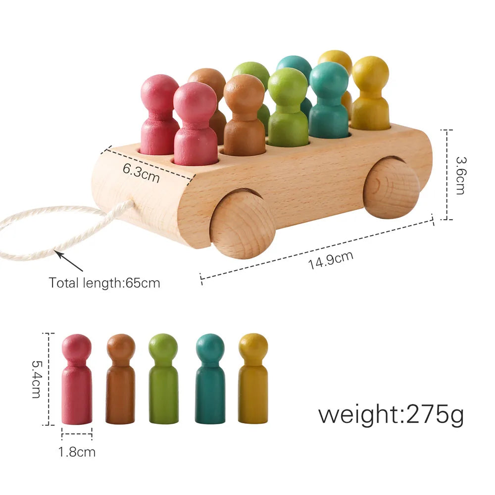 size of Rainbow Riders Trolley 10 coloured wooden pegs in a car 